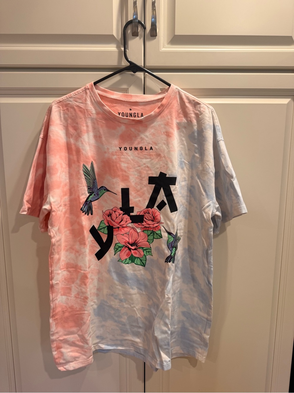 YoungLA Coral Pink & Light Blue Tie-Dye Hummingbird Floral Tee